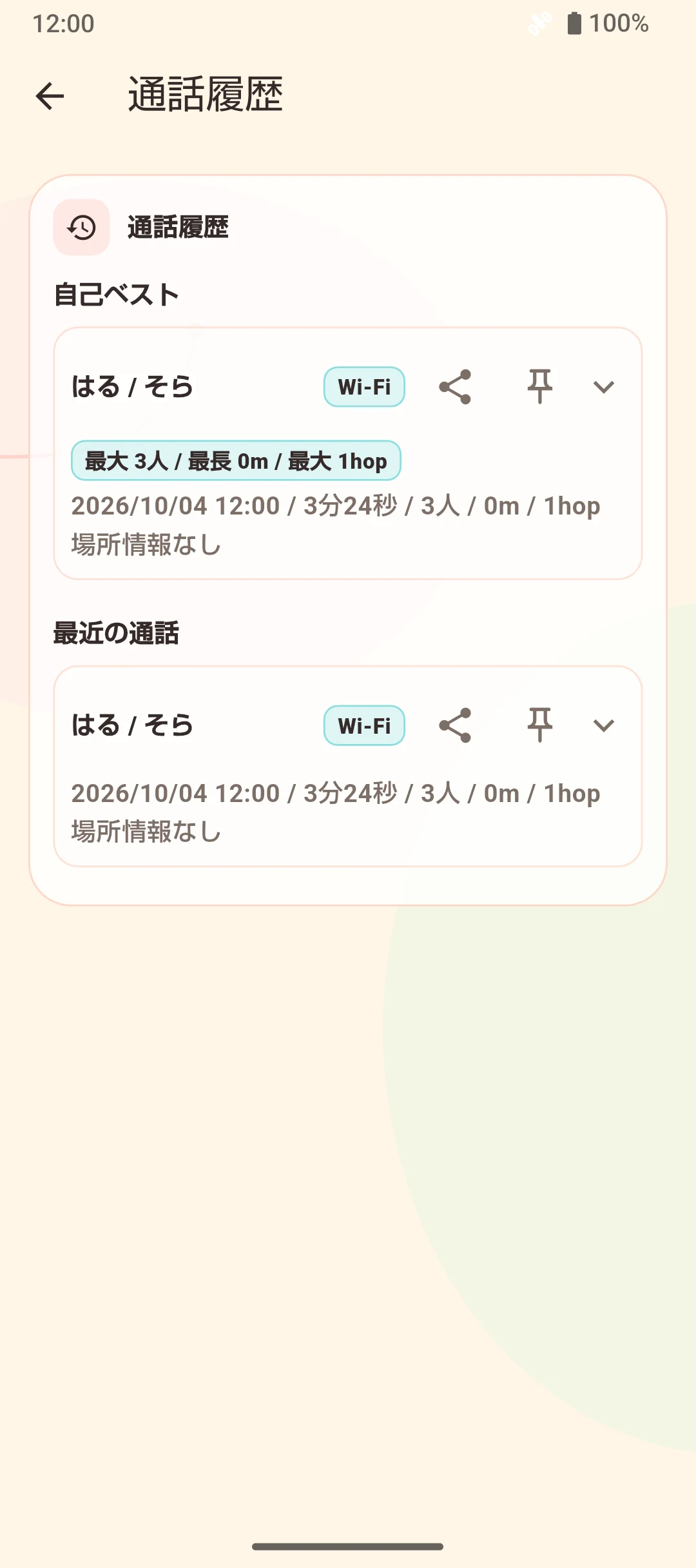 通話の履歴と自己ベストの画面